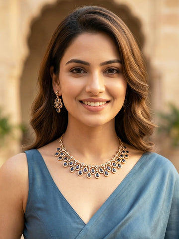 KARATCART Classic Gold-Plated Blue Teardrop American Diamond Jewellery Set for Women