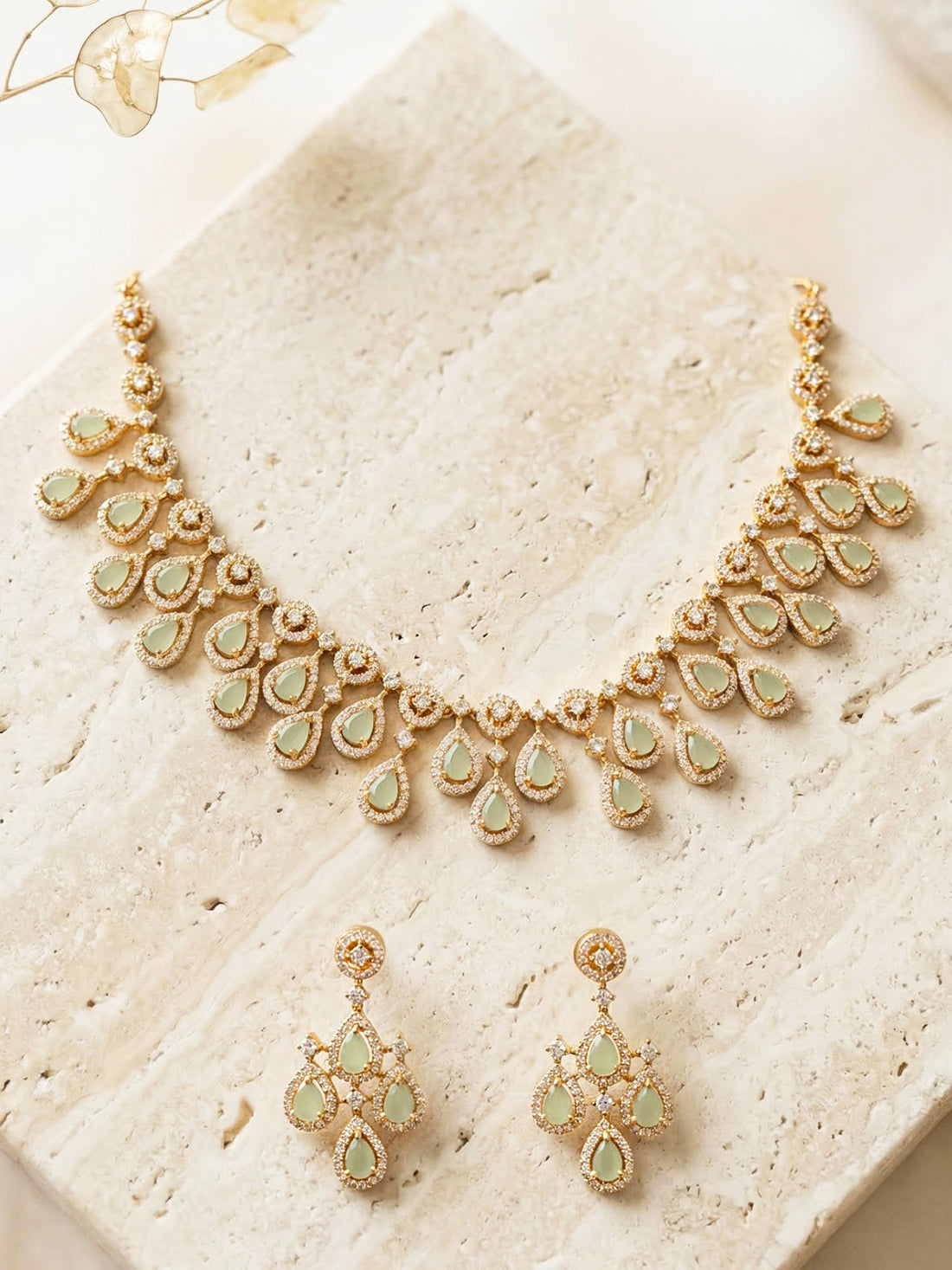 KARATCART Classic Gold-Plated Sea Green Teardrop American Diamond Jewellery Set for Women