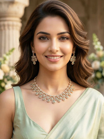 KARATCART Classic Gold-Plated Sea Green Teardrop American Diamond Jewellery Set for Women