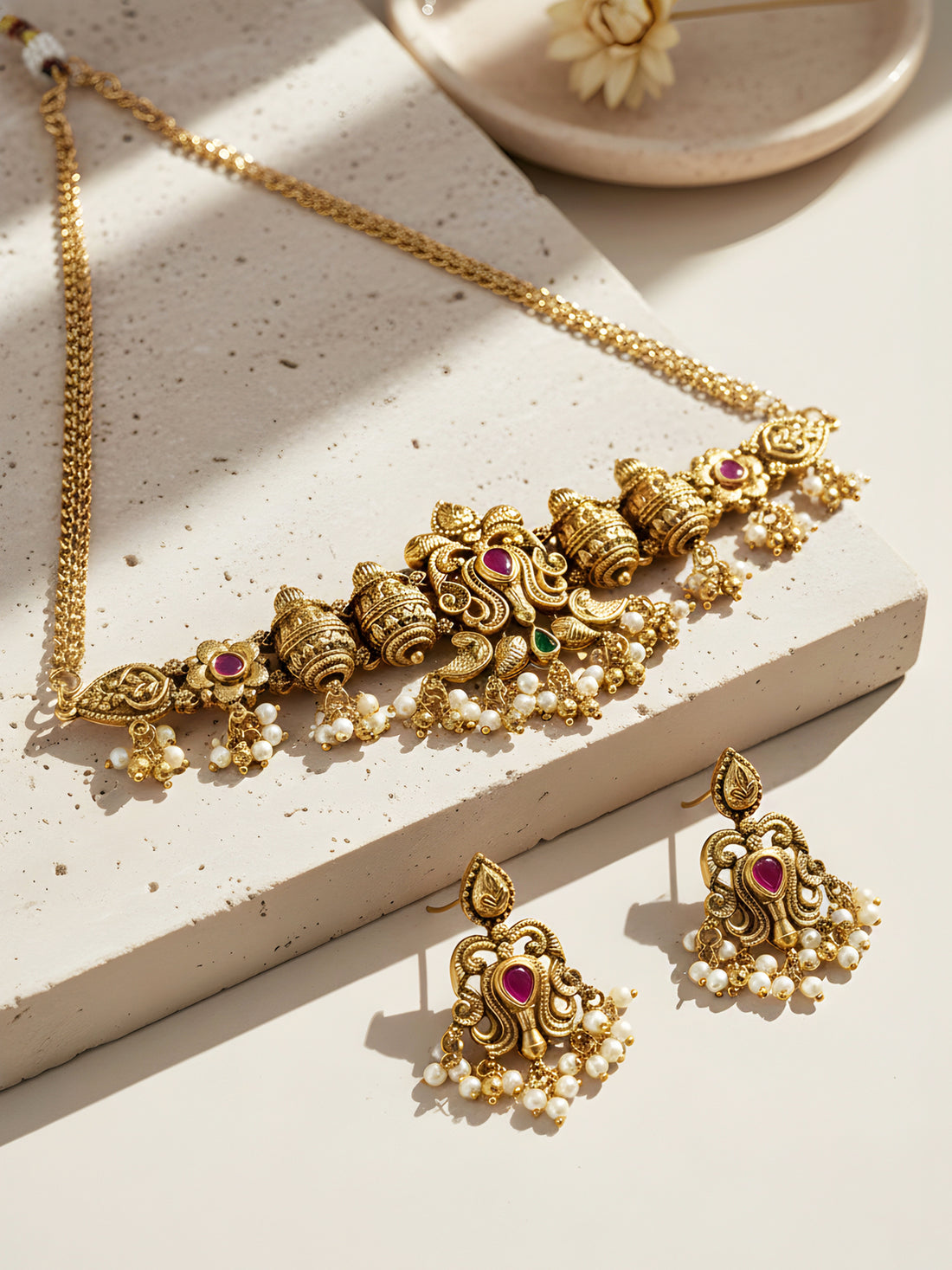 KARATCART Traditional Temple Style Gold-Plated Red Stone Choker Jewellery Set for Women