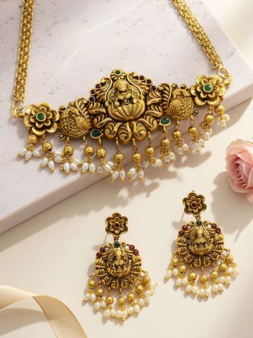 KARATCART Traditional Lakshmi Temple Design Gold-Plated Pearl Drop Choker Jewellery Set for Women