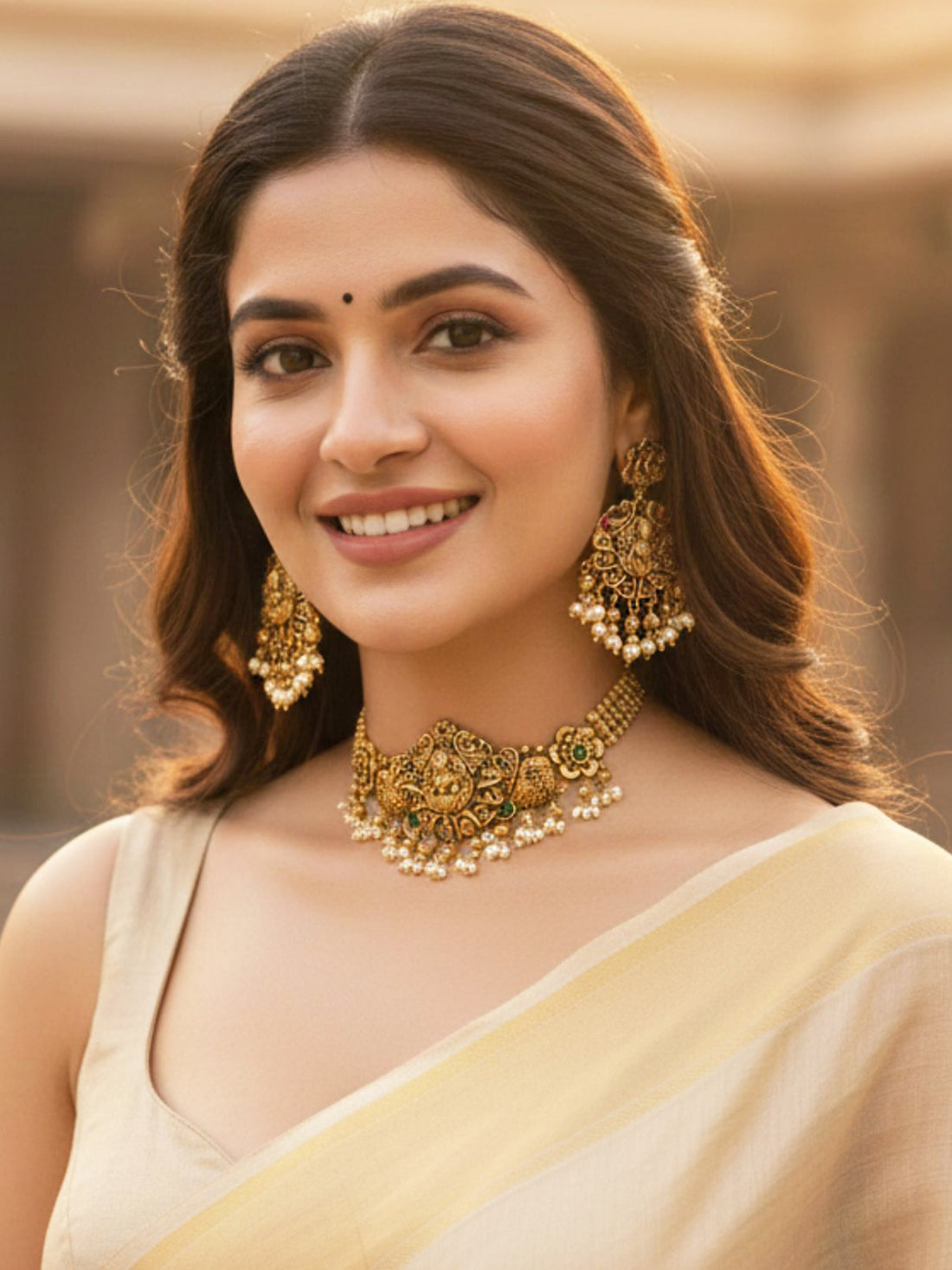 KARATCART Traditional Lakshmi Temple Design Gold-Plated Pearl Drop Choker Jewellery Set for Women