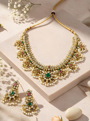 KARATCART South Indian Temple Style Red and Green Stone Gold-Plated Jewellery Set for Women