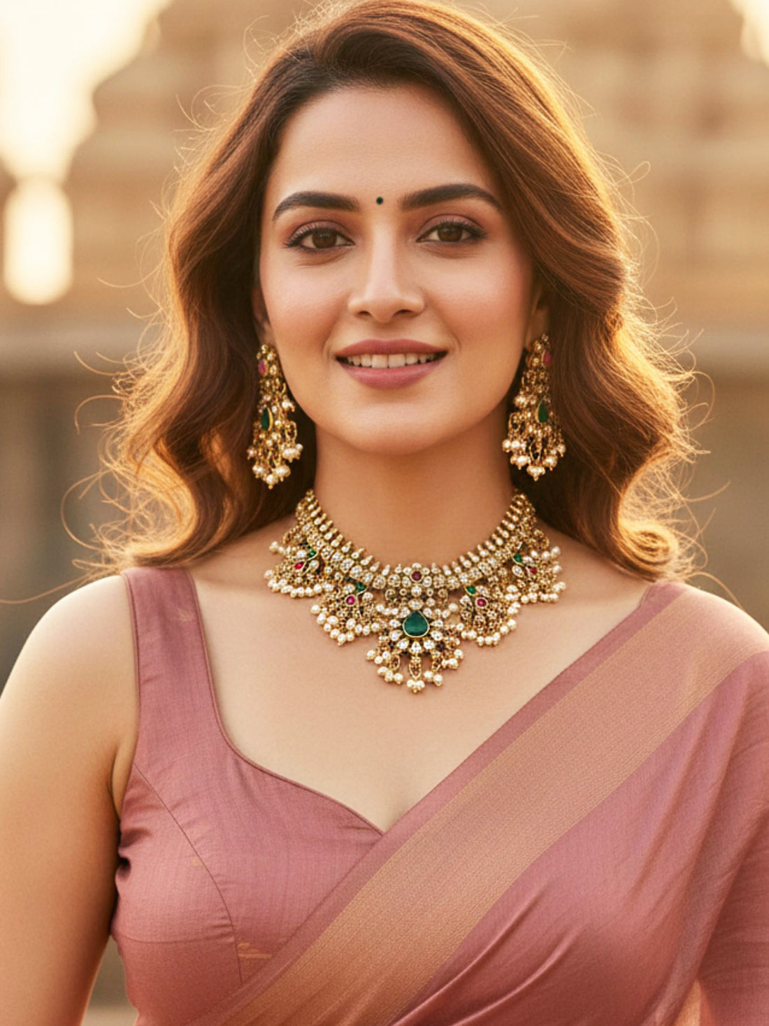 KARATCART South Indian Temple Style Red and Green Stone Gold-Plated Jewellery Set for Women