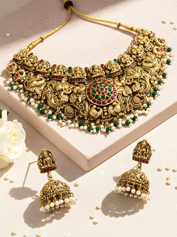 KARATCART Antique Finish Lakshmi Temple Chakra Design Gold-Plated Bridal Jewellery Set for Women