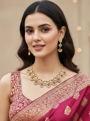 KARATCART Traditional Red Teardrop American Diamond Gold-Plated Necklace Jewellery Set for Women