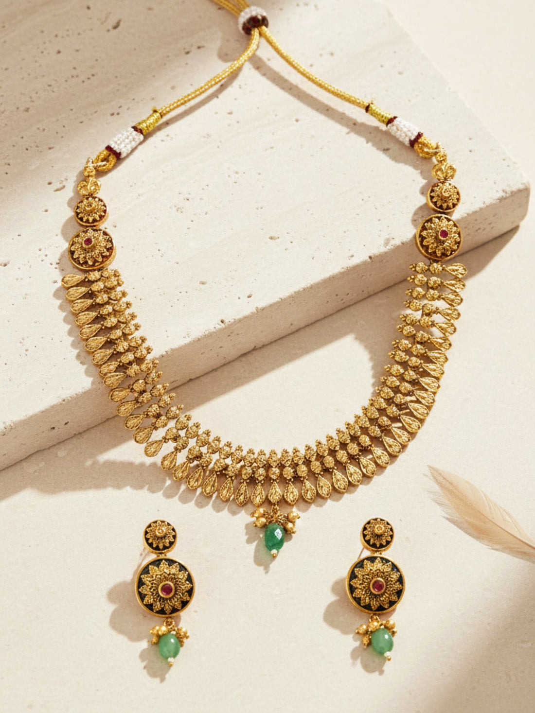 KARATCART Traditional Gold-Plated Floral Engraved Necklace Set with Green Stones for Women