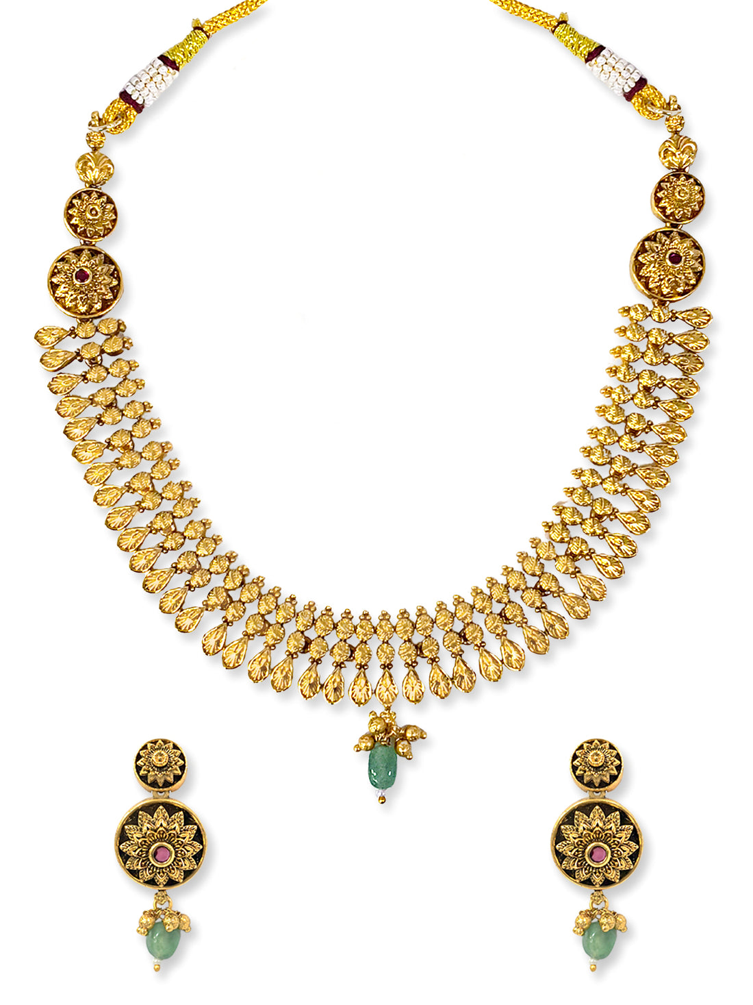 KARATCART Traditional Gold-Plated Floral Engraved Necklace Set with Green Stones for Women