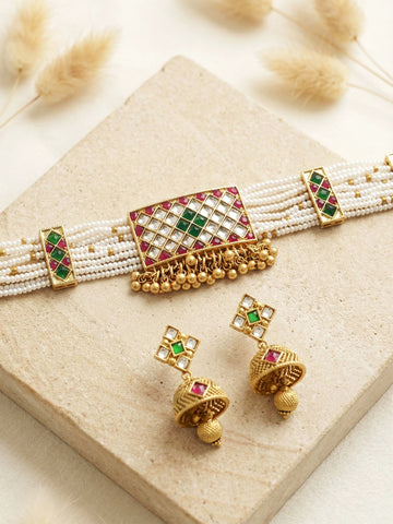 KARATCART Elegant Red & Green Stone Gold-Plated Pearl Braded Choker Necklace Set for Women