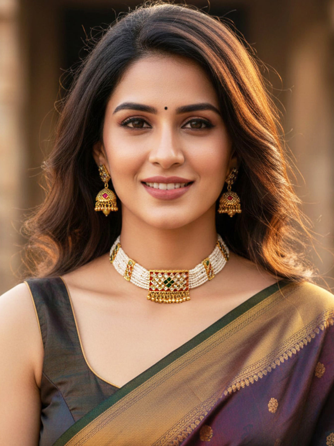 KARATCART Elegant Red & Green Stone Gold-Plated Pearl Braded Choker Necklace Set for Women