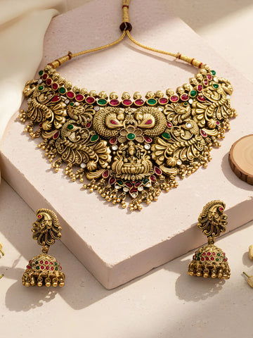 KARATCART Traditional Lakshmi Peacock Temple Design Gold-Plated Bridal Jewellery Set for Women