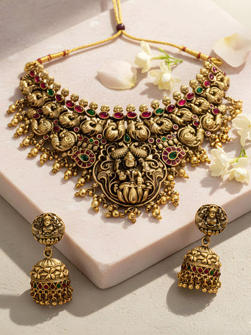 KARATCART South Indian Temple Design Gold-Plated Lakshmi Peacock Choker Jewellery Set for Women