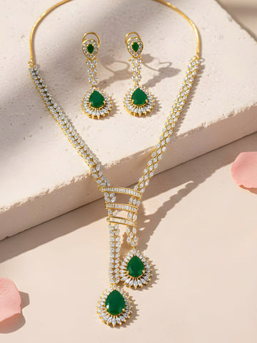 KARATCART Stylish Green Teardrop American Diamond Gold-Plated Jewellery Set for Women
