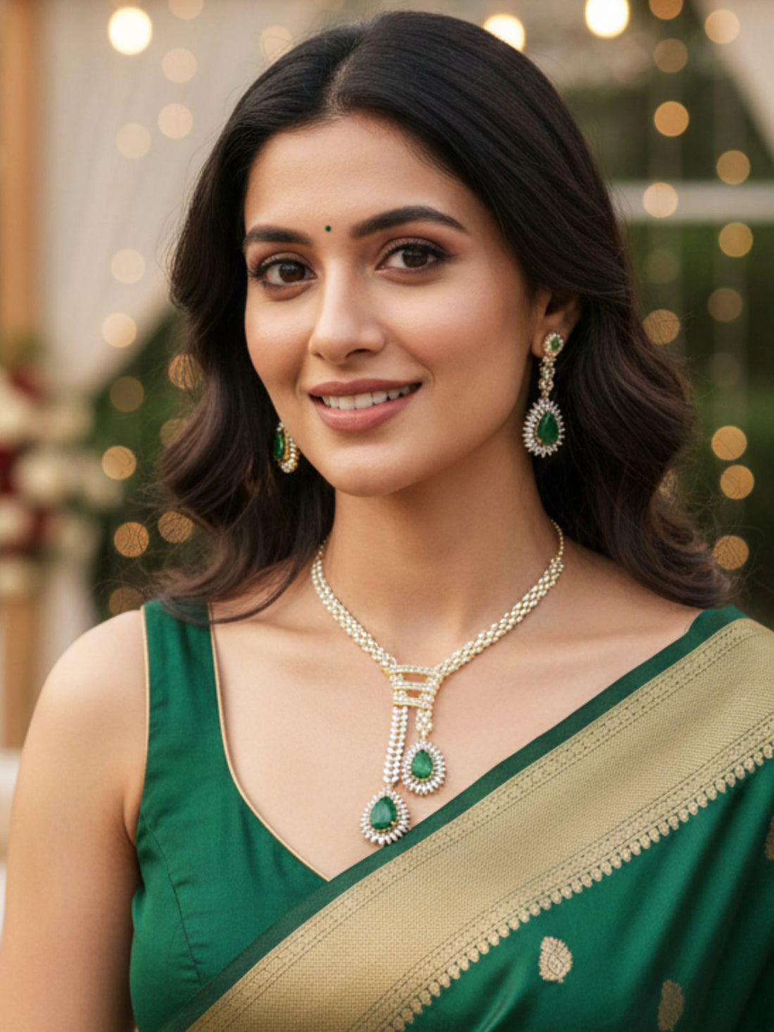 KARATCART Stylish Green Teardrop American Diamond Gold-Plated Jewellery Set for Women