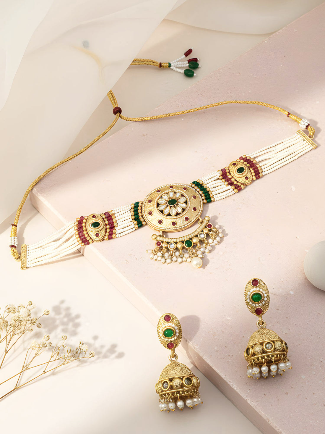 KARATCART Elegant Gold-Plated Multi Color Stones and Pearl Beaded Choker Jewellery Set for Women