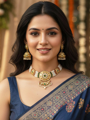 KARATCART Elegant Gold-Plated Multi Color Stones and Pearl Beaded Choker Jewellery Set for Women
