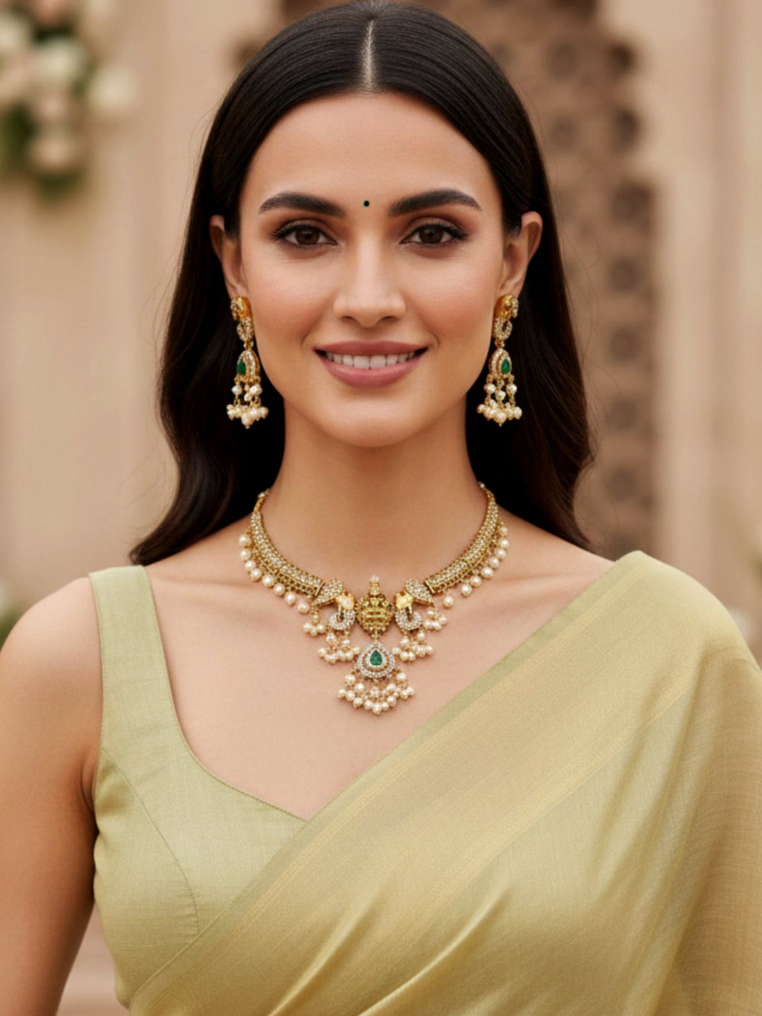 KARATCART South Indian Temple Style Lakshmi Mata American Diamond Gold-Plated Jewellery Set