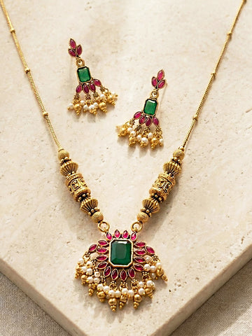 KARATCART Traditional Temple Design Red Green Stone Gold-Plated Jewellery Set for Women