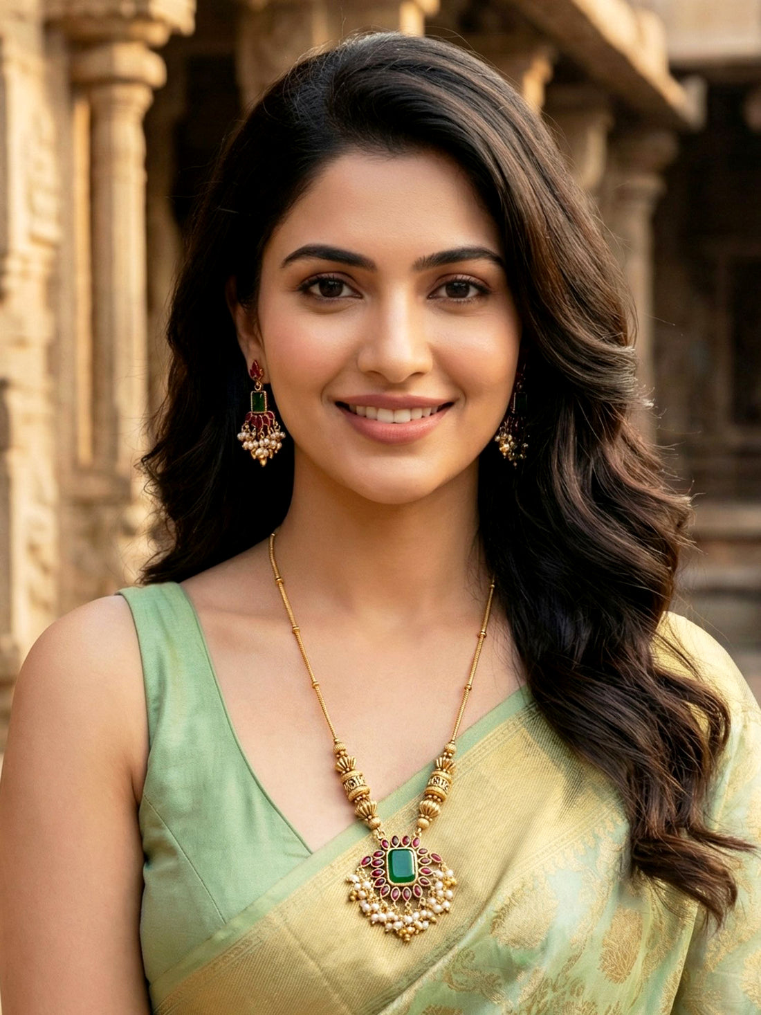 KARATCART Traditional Temple Design Red Green Stone Gold-Plated Jewellery Set for Women