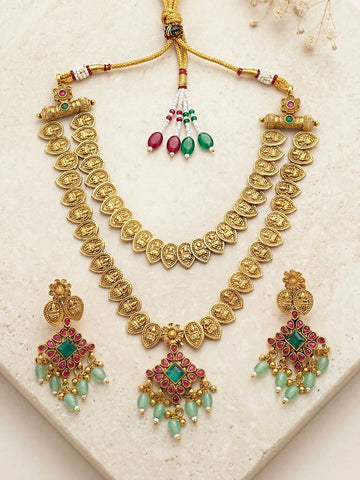 KARATCART Traditional Gold-Plated South Indian Double Layer Coin Necklace Set for Women