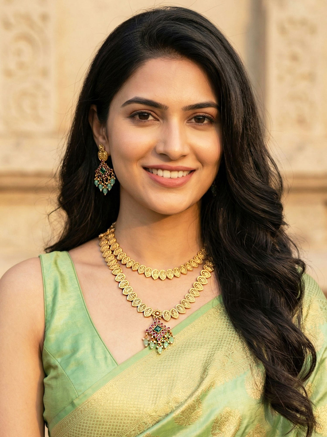 KARATCART Traditional Gold-Plated South Indian Double Layer Coin Necklace Set for Women