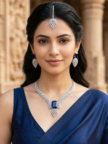 KARATCART Designer Silver-Plated Royal Blue American Diamond Necklace Set for Women