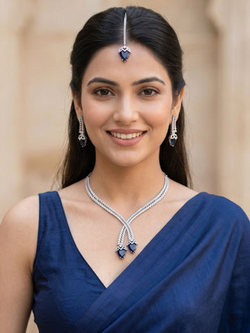 KARATCART Designer Silver-Plated Royal Blue Drop American Diamond Necklace Set for Women