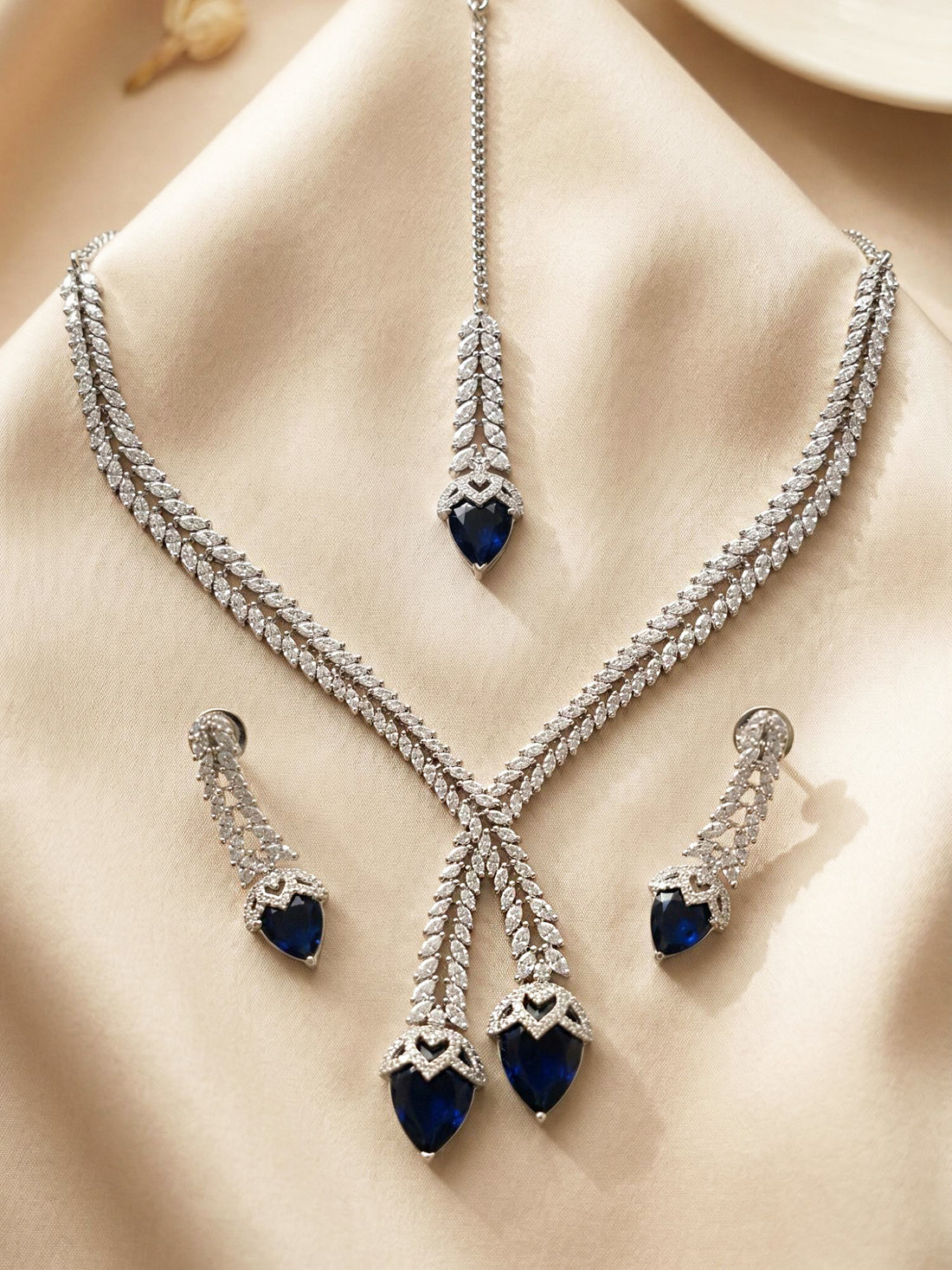 KARATCART Designer Silver-Plated Royal Blue Drop American Diamond Necklace Set for Women
