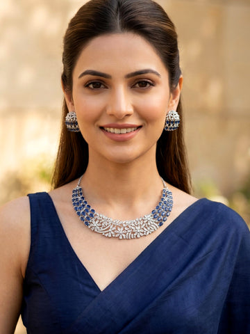 KARATCART Premium Silver-Plated Blue American Diamond Party Necklace Set for Women