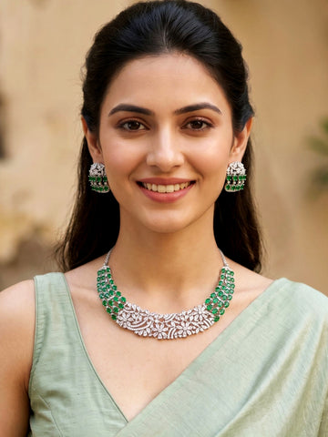 KARATCART Premium Silver-Plated Green American Diamond Party Necklace Set for Women