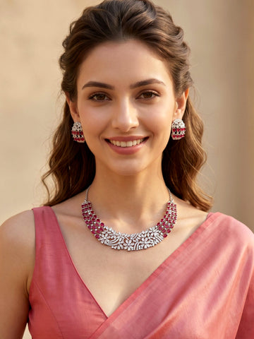 KARATCART Premium Silver-Plated Red American Diamond Party Necklace Set for Women