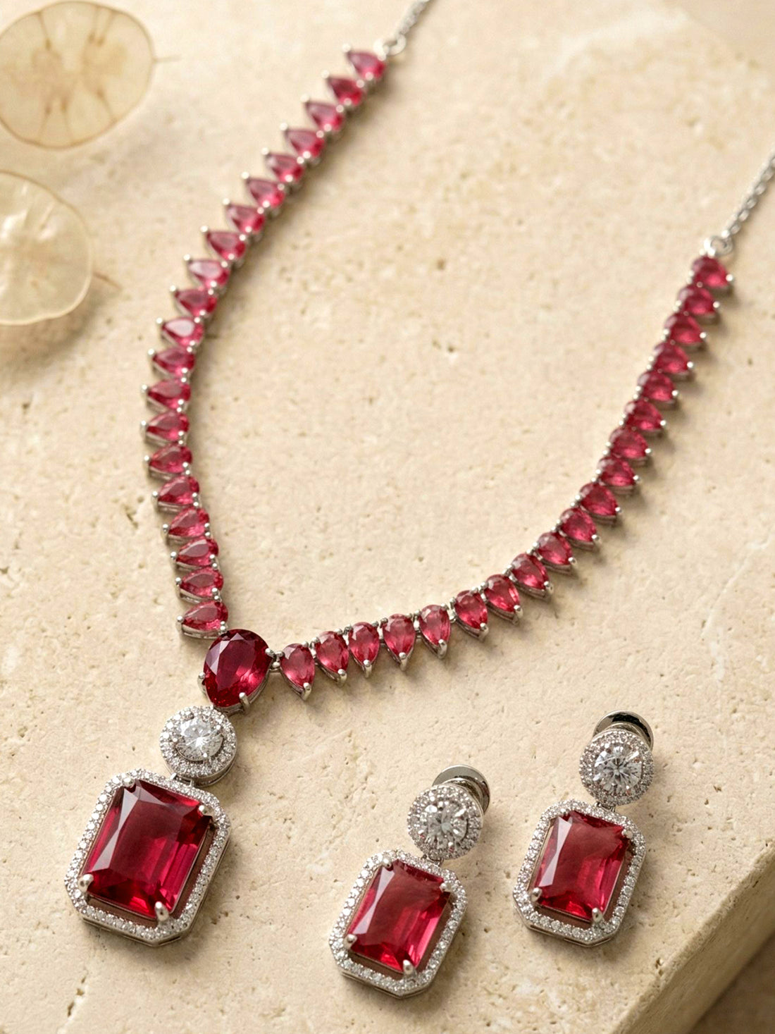 KARATCART Premium Silver-Plated Red American Diamond Party Jewellery Set for Women