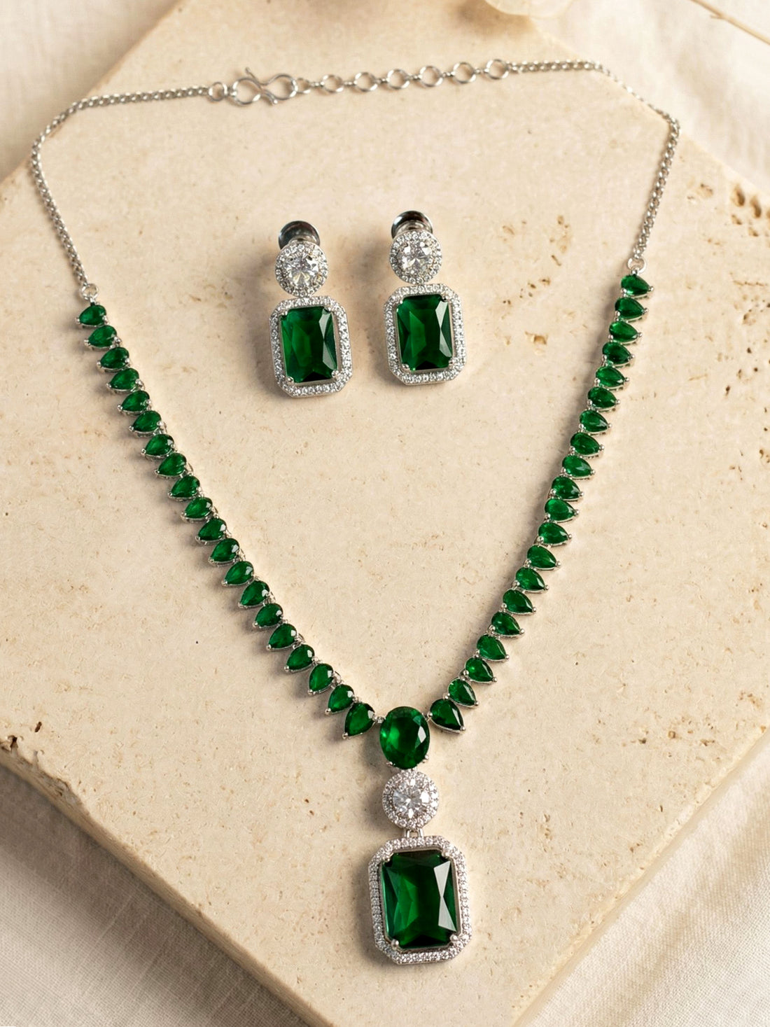 KARATCART Premium Silver-Plated Green American Diamond Party Jewellery Set for Women