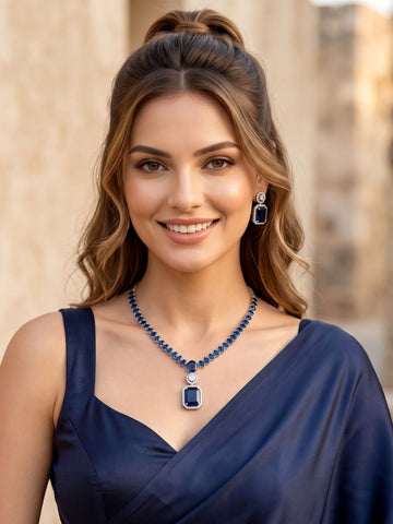 KARATCART Premium Silver-Plated Blue American Diamond Party Jewellery Set for Women