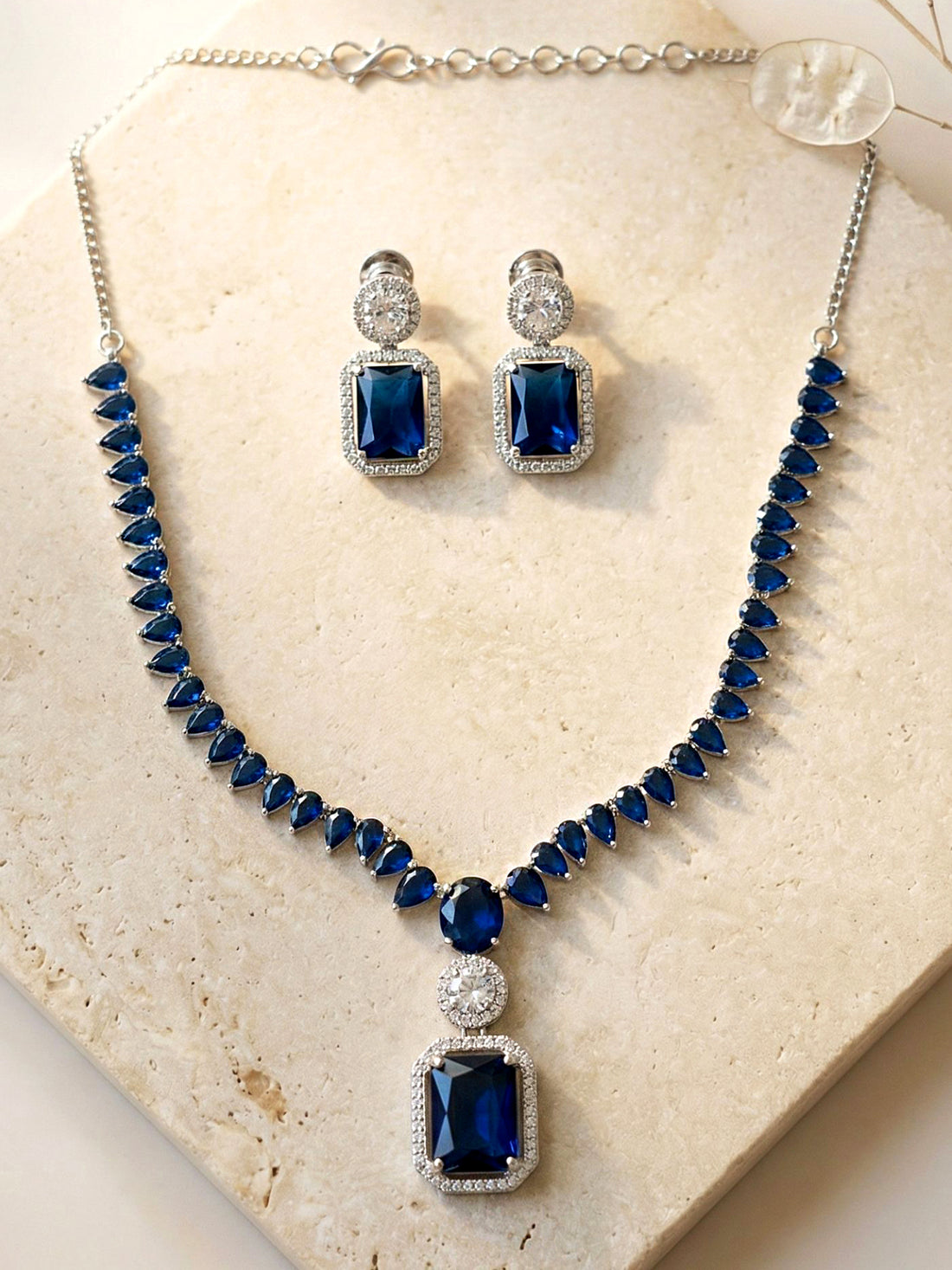 KARATCART Premium Silver-Plated Blue American Diamond Party Jewellery Set for Women
