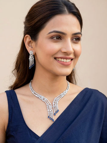 KARATCART Premium Silver-Plated Blue American Diamond Drop Party Necklace Set for Women