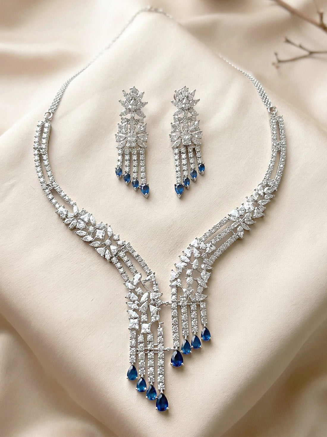 KARATCART Premium Silver-Plated Blue American Diamond Drop Party Necklace Set for Women
