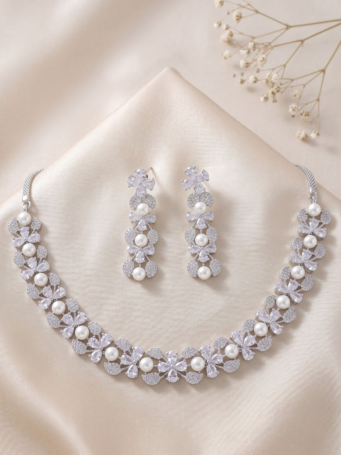 KARATCART Premium Silver-Plated White American Diamond Pearl Necklace Set for Women