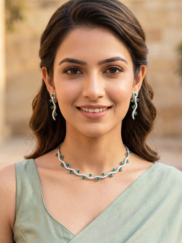 KARATCART Designer Silver-Plated Green Leaf & Vine American Diamond Necklace Set for Women