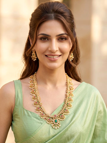 KARATCART South Indian Temple Style Red & Green Stone Gold-Plated Rani Haar Jewellery Set for Women
