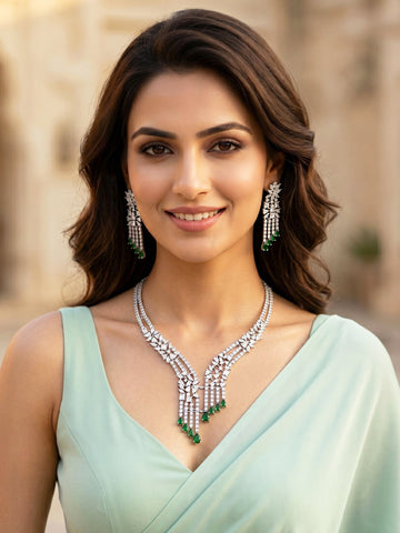 KARATCART Premium Silver-Plated Green American Diamond Drop Party Necklace Set for Women
