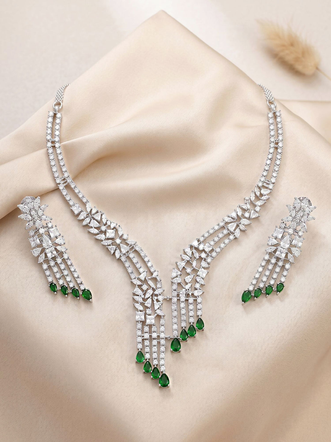 KARATCART Premium Silver-Plated Green American Diamond Drop Party Necklace Set for Women