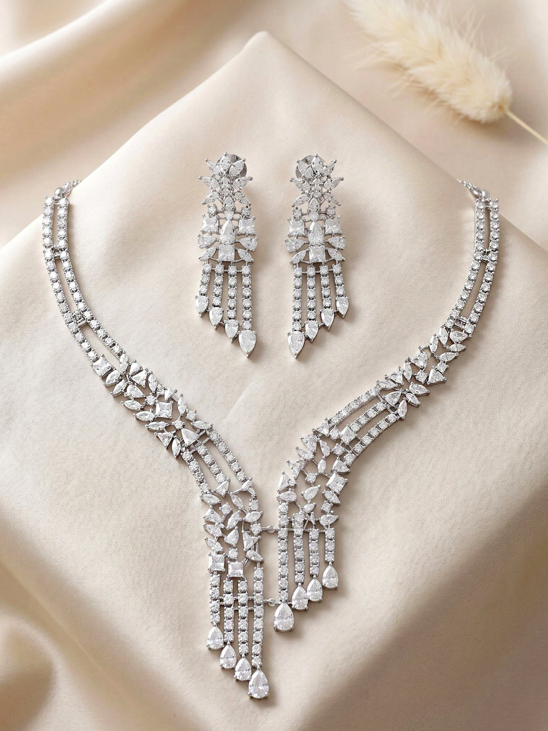 KARATCART Premium Silver-Plated White American Diamond Drop Party Necklace Set for Women