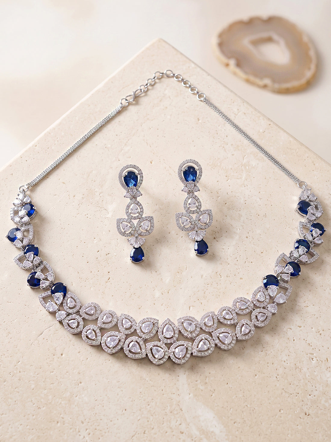 KARATCART Designer Silver-Plated Blue American Diamond Drop Necklace Set for Women