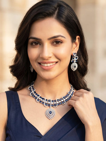 KARATCART Designer Silver-Plated Blue American Diamond Choker Necklace Set for Women