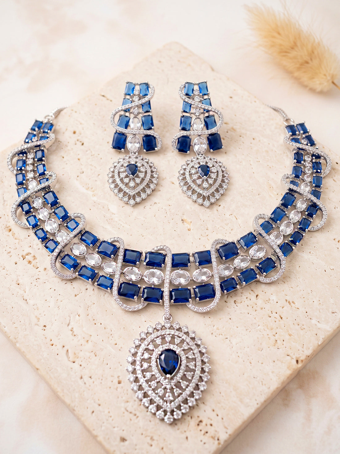 KARATCART Designer Silver-Plated Blue American Diamond Choker Necklace Set for Women