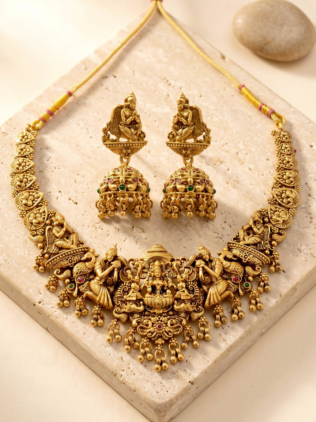 KARATCART Traditional Gold-Plated Goddess Lakshmi and Peacock Motifs Temple Jewellery Set for Women