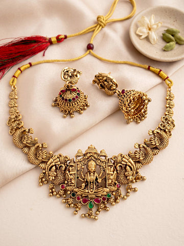 KARATCART Elegant Lakshmi Mata & Peacock Design Gold-Plated Temple Jewellery Set for Women