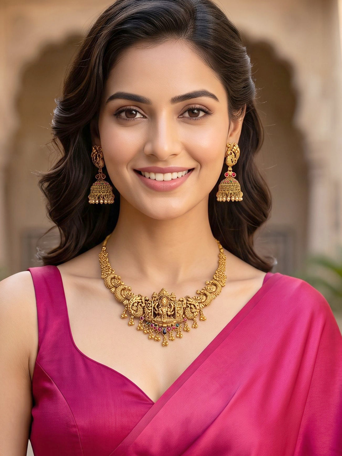 KARATCART Elegant Lakshmi Mata & Peacock Design Gold-Plated Temple Jewellery Set for Women