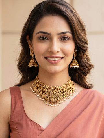KARATCART Premium Gold-Plated Goddess Lakshmi Elephant Temple Bridal Jewellery Set for Women